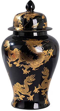 Traditionelle chinesische Ingwer-Vase mit goldenem Drachenmuster, großes Porzellan-Tempelglas mit Deckel, handgefertigte Keramikvase für Heimdekoration, schwarze Feng Shui-Vase