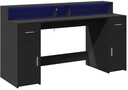 vidaXL Desk with LED Lights, Office Desk for Home Living Room, Computer Table with Storage, Writing Table, Modern Style, Black Engineered Wood