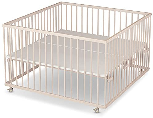 Sämann Laufstall Baby mit Matratze Cloud Air | TÜV geprüft | stufenlos höhenverstellbar | Laufgitter Premium | Babybett aus Holz | Krabbelgitter (natur, 120x120 cm)