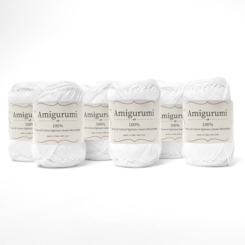 Tricot Cafè Amigurumi, Made in Italy - Filato Gomitoli in Puro cotone - Ideale per Bambole, Pupazzi e Borse a Uncinetto - Abbigliamento Leggero - Ferri/Uncinetto 3.00/4.00 (Bianco 1, 6 Pezzi)