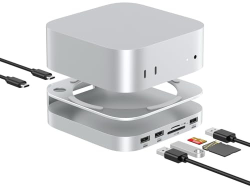 AKKYAJAURE Mac Mini M4 Hub, 9 en 1 Aluminum Mac Mini Stand and Dock for Mac Mini M4/M4 Pro with M.2 NVMe SSD Enclosure, 10Gbps USB-A*2, SD/TF Card Readers | Mac Mini 2024 Accessories