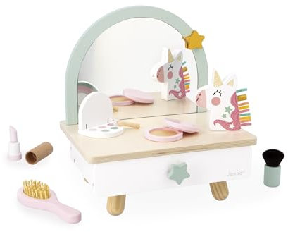 Janod Tavolino da toeletta in Legno per Bambini-Cassetto, Specchio e 7 Accessori-Tema Unicorno-Altezza 33cm-Truccabimbi-da 3 anni-J06463, 30 x 23,5 x 32,8 cm, J06463