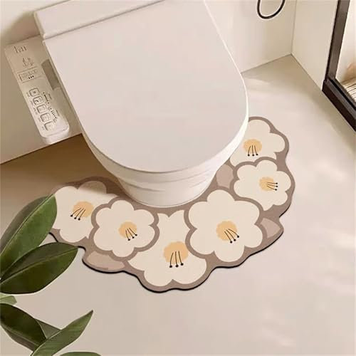 Highdi Alfombra Inodoro en Forma de U, Patrón Flor Alfombrilla Inodoro Diatomita Secado Rápido Absorbente Antideslizante Alfombrillas de Baño WC Lavable (Floral,60x35cm)