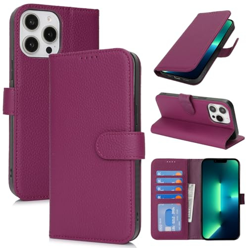 Zouzt Leather Wallet Case for iPhone 13 Pro Max/12 Pro Max, Rose Purple | 4 Card Slot, Genuine Leather, Card Holder, Shockproof TPU Shell, Magnetic Closure, Protective Flip Phone Cover, For Women Men