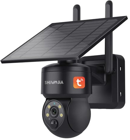 SHIWOJIA - Cámara solar exterior WiFi inalámbrica, Tuya exterior, 2K Smart Life, 360° PTZ, visión nocturna color, audio bidireccional, sirena PIR (negro)