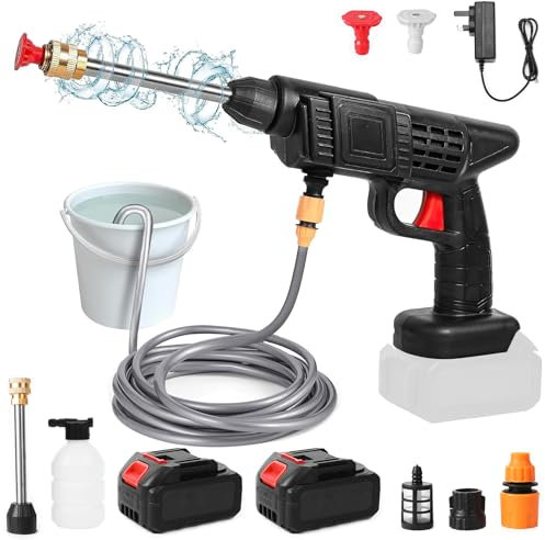 Nettoyeur Haute Pression Sans Fil, Nettoyeur Haute Pression sur Batterie, Nettoyeur Haute Pression avec Tuyau de 5M,Pistolet Haute Pression Sans Fil pour Voiture, Maison, Pressure Washer (2* 6000mah)