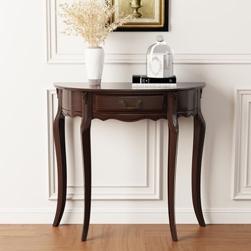 CHBCJJYP Konsolentisch Eingangstisch Aus Holz mit Schublade, Halbrunde Vintage Akzenttische für Eingangsbereich Flur Wohnzimmer Schlafzimmer(Dark Brown,90cm)