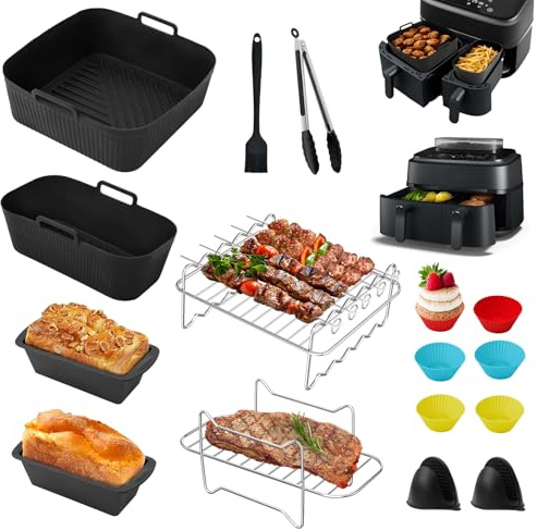 Heißluftfritteuse Zubehör für Philips Airfryer 3000 Dual Basket NA350/NA550 Zubehör, 3L-6L 20 Stück Silikonform Airfryer Zubehör Set, Zubehör mit Grillrost, Brotbackformen, Küchenzange