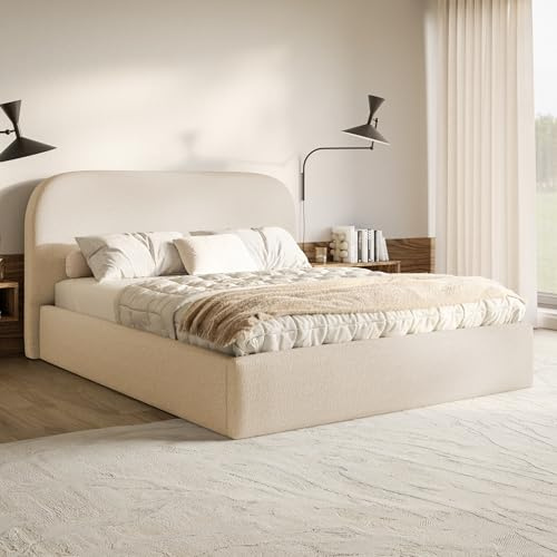 MOTIVENA Mono Bett 120x200 Beige Boucle, mit Stauraum, mit Kopfteil, mit Lattenrost, ohne Füße, ohne Matratze, Polsterbett 120x200 mit Bettkasten Beige