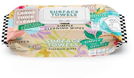 Juniper CLEAN Single Surface Cleaning Wipes, Thick & Large Dispose, All-Purpose Cleaner for Bathroom, Kitchen, Office, 100 Count Soft Flow, Biodegradable, White Soap Scent