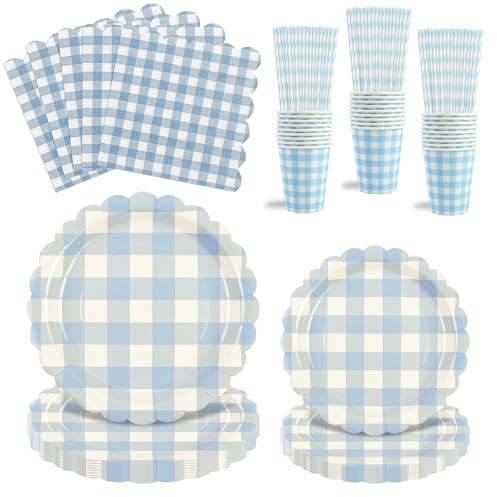 80 Stück Blau Gingham Partygeschirr Set,Gingham Teller und Becher Set für Teeparty Geburtstag Hochzeiten Baby Shower Deko Jubiläums