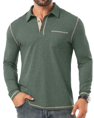 PrinStory Poloshirt Herren Langarm Casual Poloshirt Baumwolle Polo Shirt Polo Kragen Tshirt Mit Brusttasche