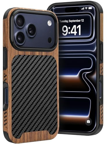 Dolstrap Robust Handyhülle Kompatibel mit iPhone 17 Pro Hülle, (Naturholz & Kohlefaser-Hybrid) Dünnes iPhone Hülle, Schwarz