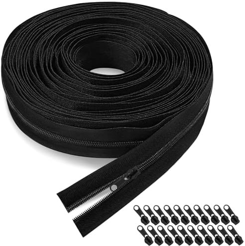 Cerniera Lampo a Nastro 10m,3mm - Nylon con 20 Slider Metallici - Per Cucito Fai da Te,Riparazioni,Biancheria (Nero)