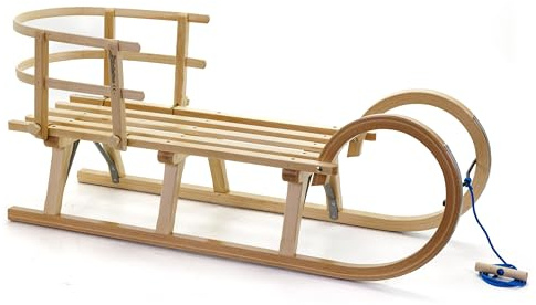 HolzFee Hörnerschlitten Schlitten Holz mit Lehne + Zugleine | Baran S 110 RL S Buche | Hörnerrodel Schlitten Holz