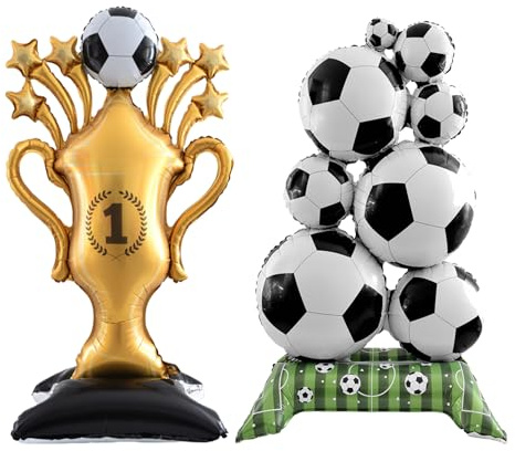 Satiskid 2pcs Large Standing Soccer Balloons, Giant Soccer Trophy Balloon, Black-White Gold Foil Soccer Party Balloons Set, Sports Themed Decor for Indoor Outdoor Birthday Party Celebration (B)