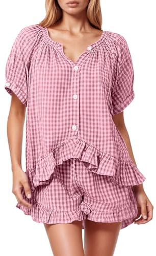 Générique Set casual da donna a due pezzi, a quadretti, maniche corte, con volant e pantaloni da città