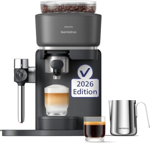 PHILIPS Baristina Latte Espressomaschine mit Milchaufschäumer, Schwarz | 16 Bar, Für Cappuccino & Latte Macchiato, Keramikmahlwerk, mahlt, tampt & brüht automatisch (BAR400/60)
