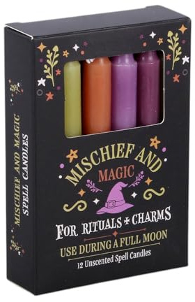 Mischief and Magic Spell Candles | 12 Stück geruchlose Ritualkerzen | Hexe Halloween Dekor | Farbige Kerzen für Rituale & Charms