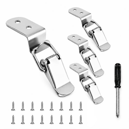 FortWeal Toggle Latch, 4Pcs Small Iron 90 Degree Hook Buckle No Lock Connector Supplied with Screwdriver, Spring Tension Catch Hasp Clamp for Meter Box, Drawer, Cabinet, Chest, Toolbox - Silver