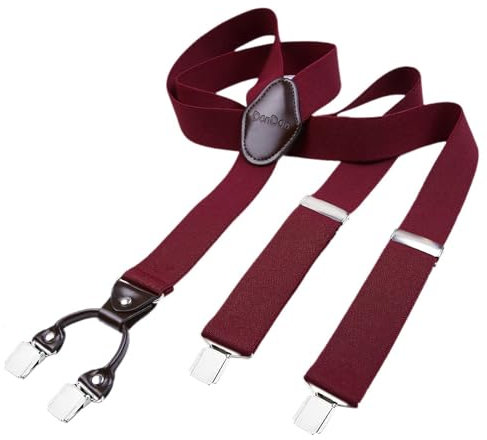 DonDon Hosenträger Herren extra stark bordeaux rot 3,5 cm Hosenträger Herren breit mit brauem Leder in Y-Form lang - Starke Clips passend für Anzug Jeans Chinos Vintage Rockabilly Suspenders