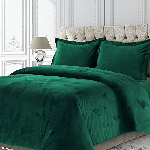 Tribeca Living Veniceduvetqueg Venice Bettbezug-Set, Samt, übergroß, einfarbig, für Queen-Size-Betten, Smaragdgrün | Plüsch 260 g/m² Samt, übergroß, 3-teiliges Set, versteckter Knopfverschluss, innere Eckbänder, maschinenwaschbar