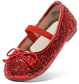 DREAM PAIRS Girls Flat Shoes Glitter Bow Party Wedding Flower Sparkly Ballet Flats,RED Size 8 UK Child