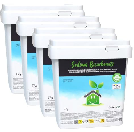 Nortembio Bicarbonato Sódico 4 x 6 kg Bicarbonato de Sodio Limpieza Sin Aluminio 100% Natural Hogar, Cocina, Baño, Quitamanchas. Incluye eBook con Consejos