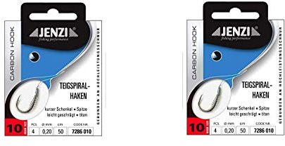 Set: 2 Packungen JENZI Teigspiralhaken Forellen-Haken, Teighaken gebunden (8 Stück) Hakengröße 2, 4, 6, 8 &10 + gratis Petri Heill! Aufkleber (Hakengröße 10)