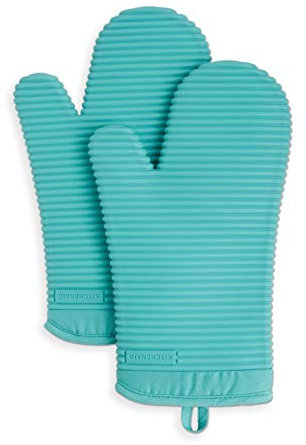 KitchenAid Ribbed Soft Silicone Oven Mitt Set, 7x13, Aqua Sky