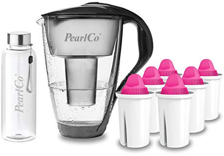 PearlCo - Glas-Wasserfilter (anthrazit) mit 6 Magnesium classic Filterkartuschen + 1 Trinkflasche aus Glas