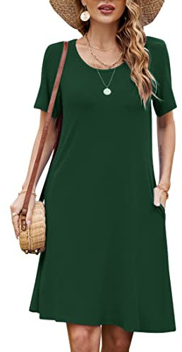 Damen Sommer Tshirt Kleid Locker Rundhals Kurzarm Midi Kleider Elegant Blumen Sommerkleid Knielang Strandkleid Lässig Midikleid Freizeitkleid mit Taschen, A Dunkelgrün, M