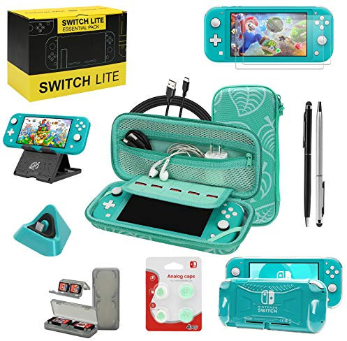 Switch Lite Zubehör-Set, Set mit Tragetasche, TPU-Schutzhülle mit Displayschutzfolie, Ladestation, Playstand, Game-Case, USB-Kabel, Eingabestift, Daumengriffkappen für Nintendo Switch Lite (türkis)