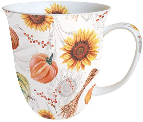 Ambiente Tasse en porcelaine d'environ 400 ml Tasse en porcelaine pour thé ou café Automne Hiver Noël Citrouilles et tournesols