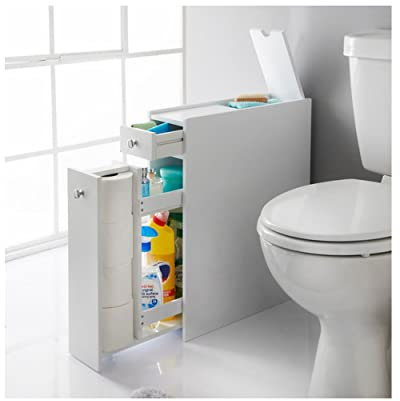 Saxony® Narrow Bathroom slimline storage box unit slim White wooden Floor standing Cabinet with 2 Slide Out drawers and small lid on top storage solutions cupboard