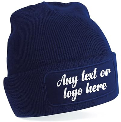 Personalised Beanie | Any Text, Any Image or Logo Patch Beanie | Custom Men’s Skullies & Wooly Hats with Adjustable Fit | Perfect for Winter Wear | Unisex Gift (Navy)