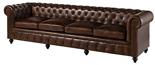 MASSIVMOEBEL24.DE | Chesterfield Sofa 4-Sitzer aus Echtleder #104 | aus echtem Büffel-Leder - Braun | 274x82x75 cm | mit Nieten | Couch Polstercouch 4er Sitzer