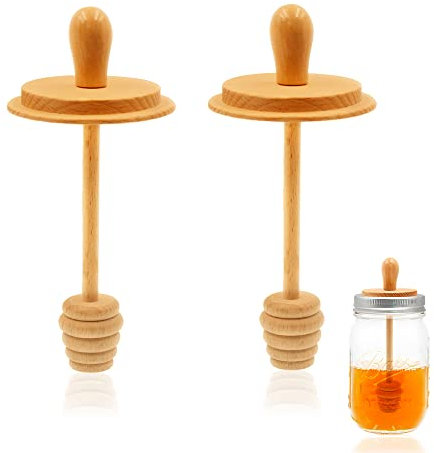 2pcs Wooden Mason Jar Honey Dippers - Honey Dipper Wooden Stick for Regular Mouth Mason Jars, Honey Spoon Mason Jar Honeycomb Lid for Regular Mouth 16 oz Mason, Ball Jars (ONLY Honey Dippers)