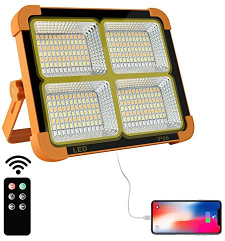 Foco LED Recargable, Foco LED Bateria 100W Con Control Remoto/Panel Solar/ 4 Modos de Luz/Batería Externa de 16500mAh/ Base Magnética para Camping, Trabajo, Pesca