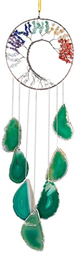 KYEYGWO 7 Chakra Tranches d'Agate Arbre de Vie Carillons éoliens pour la décoration de la Maison, Ornements Suspendus en Pierre de Cristal pour Intérieur ou Extérieur, Vert