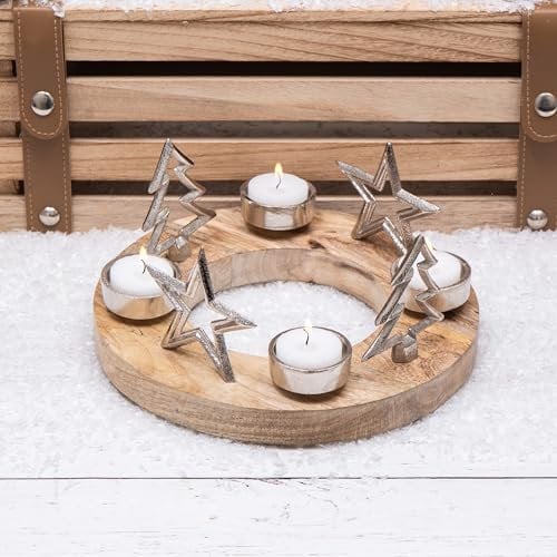 Silver Metal Stars & Trees Christmas Multi Ring Tea Light Candle Holder on Wooden Base