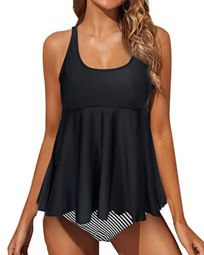 JFAN Bañadores Mujer 2 Piezas Tankini Cuello Redondo Conjunto de Bikini Top y Bottom Bañador Mujer Reductor Barriga Tallas Grandes Rayas XL