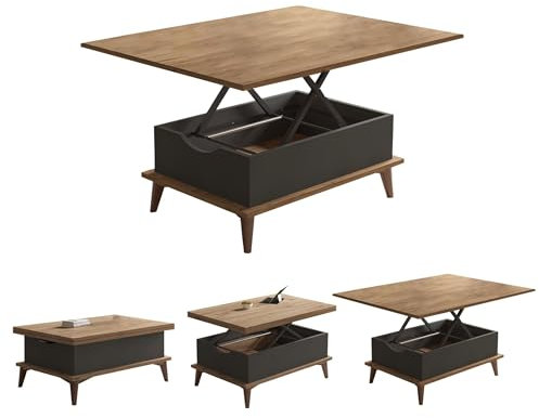 BERA DESIGN Extendable Dining Table 6-8 Seater, Lift Top Coffee Table, Extendable & Foldable Coffee Table Converts to Dining Table - 90x60x45cm with 3 Variable Height Level