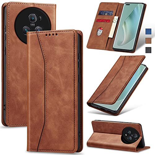 Jasonyu Coque pour Honor Magic 5 Pro, Housse Etui en Cuir PU Portefeuille [Antichoc] [Magnétique] [Porte Cartes] [Stand Fonction] Flip Coque (Brun)