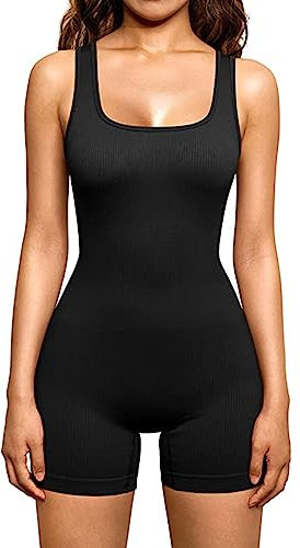 Jetjoy Yoga Jumpsuit für Damen eng Overall Nahtlos Ganzkörperanzug kuschelig Elegant Bodycon Rückenlose Gepolsterte Sexy Einteiler Jumpsuits Damen kurz Sport Workout Sommer Romper,schwarz,L