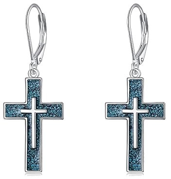 YFN Türkis Kreuz Ohrringe Sterling Silber Religiöses Kreuz Ohrringe Baumeln Tropfen Ohrringe Schmuck Christliche Geschenke für Damen