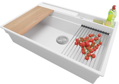 PRIMAGRAN Evier Cuisine en Granit Blanc 78x53cm, Lavabo 1 bac + Kit de Vidage + Accessoires, Évier à Encastrer au meuble 80cm - Oslo Pocket