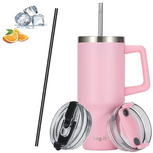 BAG.IT Taza de viaje con popote y tapa de 40 onzas, vaso con asa, termo de viaje de acero inoxidable con + 2 pajitas y tapas, taza de café Stanle a prueba de fugas para bebidas calientes o heladas