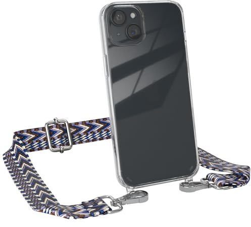 EAZY CASE Handykette - Verstellbares Taschenband kompatibel mit iPhone 15 Plus, Schulterriemen, Handykordel mit Silikon Hülle, Umhängetasche, Blau Weiß Silber