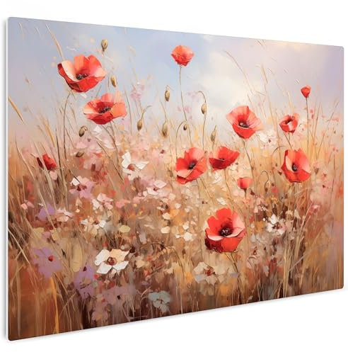 HEALANCY Bilder Blumen - KOMPLETT AUFHÄNGFERTIG - Wandbilder Wohnzimmer - Deko Modern - Schlafzimmer - Room Decoration - Kunstdruck Wanddeko Küche - Gemälde Mohnblumen Natur Wiese